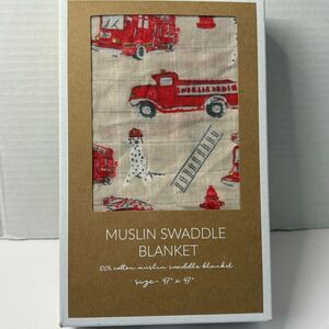 Mud Pie Baby Ivory Fire Truck 100% Cotton Muslin Swaddle Blanket  47” X 47” NEW